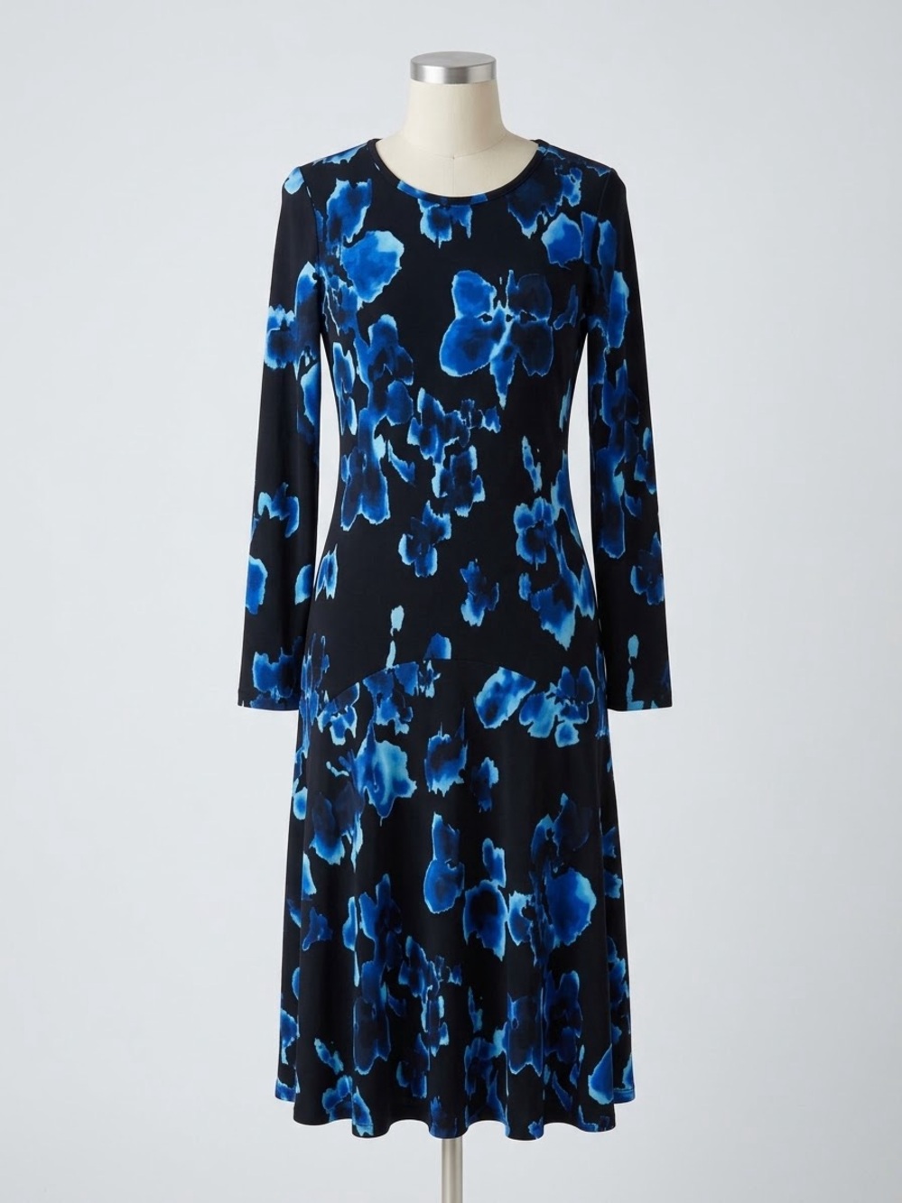 Michael Kors Black Dress with Blue Floral Print, Long Sleeve